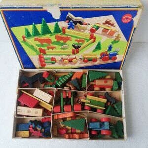Vintage Dusyma German Miniature Wood Blocks Vehicles Animals Trees People